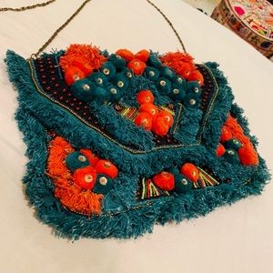 Anthropologie Boho pompom beaded purse with chain